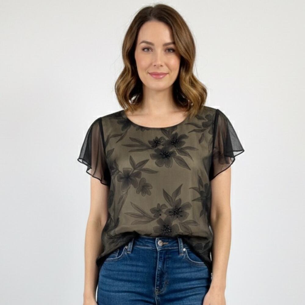 Just In! Talbots Petites Elegant Black Sheer Floral Beaded Blouse - Size 12P